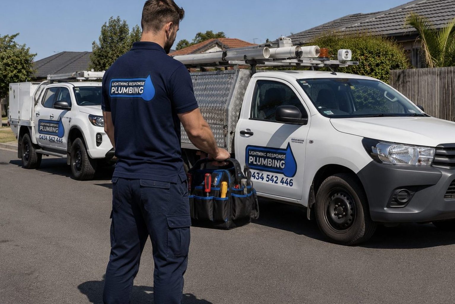 Lightning Response Plumbing emergency plumber with branded service utes in Melbourne